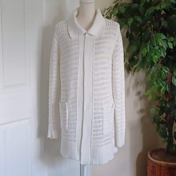 CAbi White Open Stitch Long Sleeve Cardigan Sweater #6237 Size XL - Picture 4 of 8